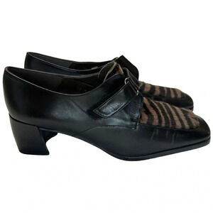Cara Molina 10M‎ black leather square toe heeled loafers animal print calf hair